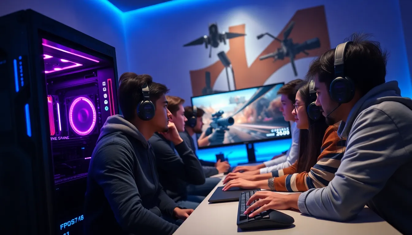 diverse gamers intensely focused on a high-performance gaming setup.