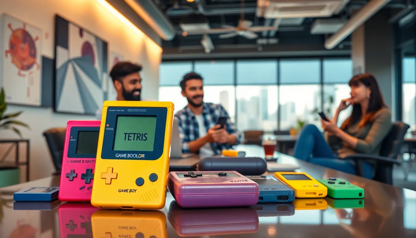 Game Boy Color and professionals discussing handheld gaming history.