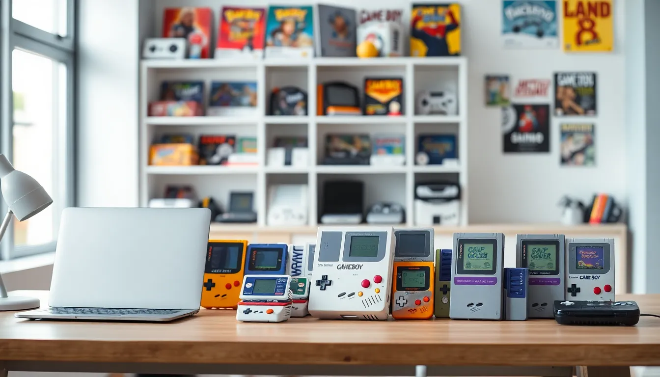 display of various Game Boy cartridges on a modern desk.