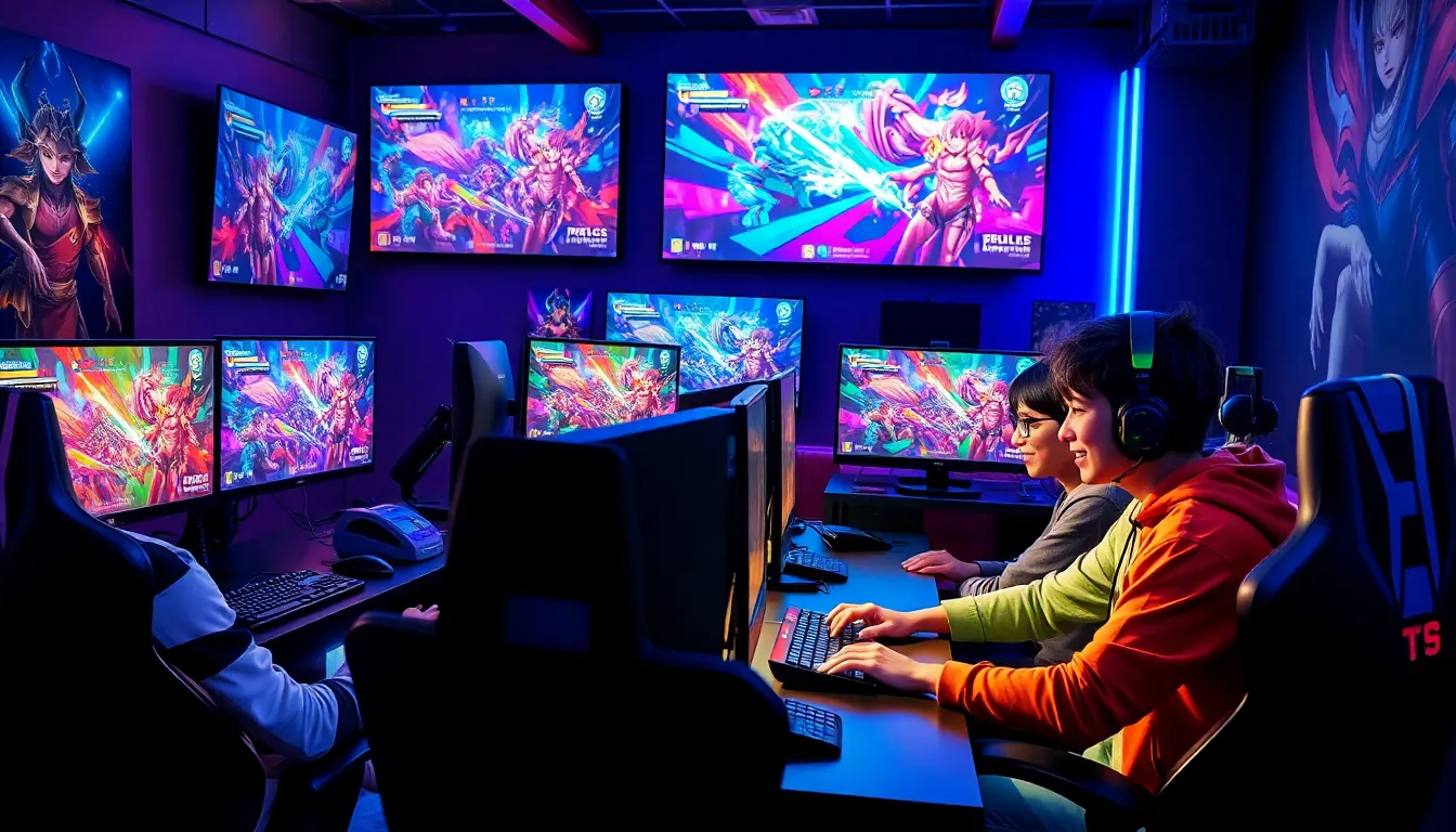gamers collaborating in an anime-themed MOBA gaming lounge.
