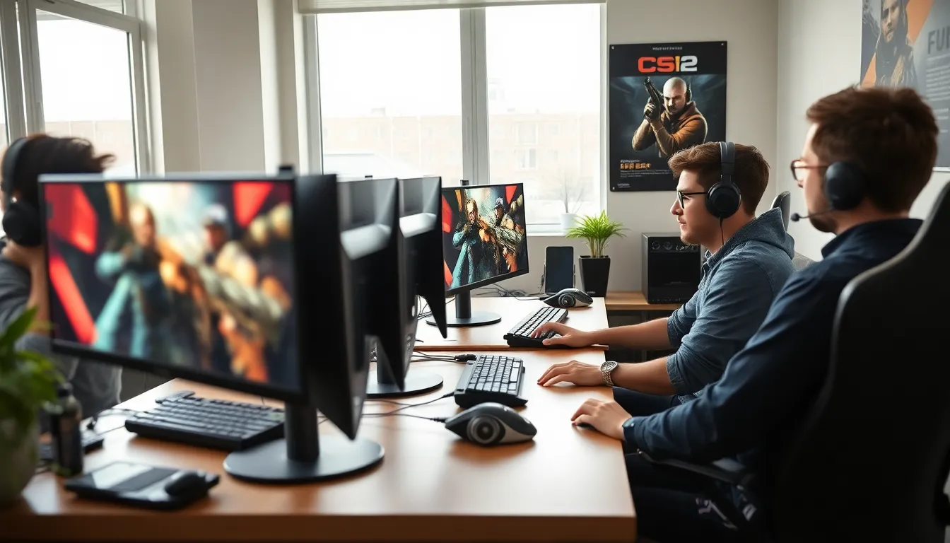 gamers in a modern office focusing on FPS in CS2.