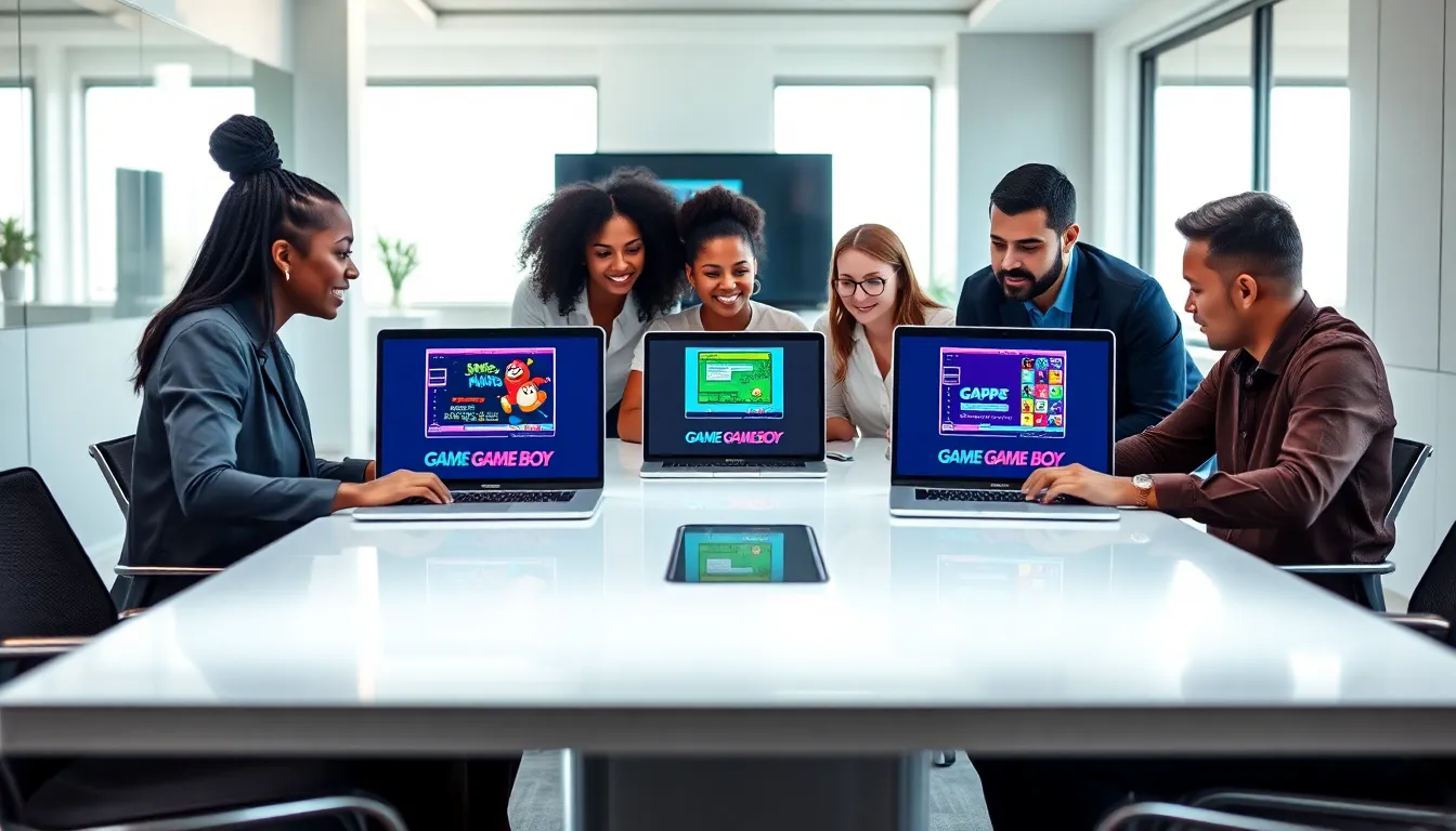 professionals collaborating on Game Boy emulator software in a modern office.