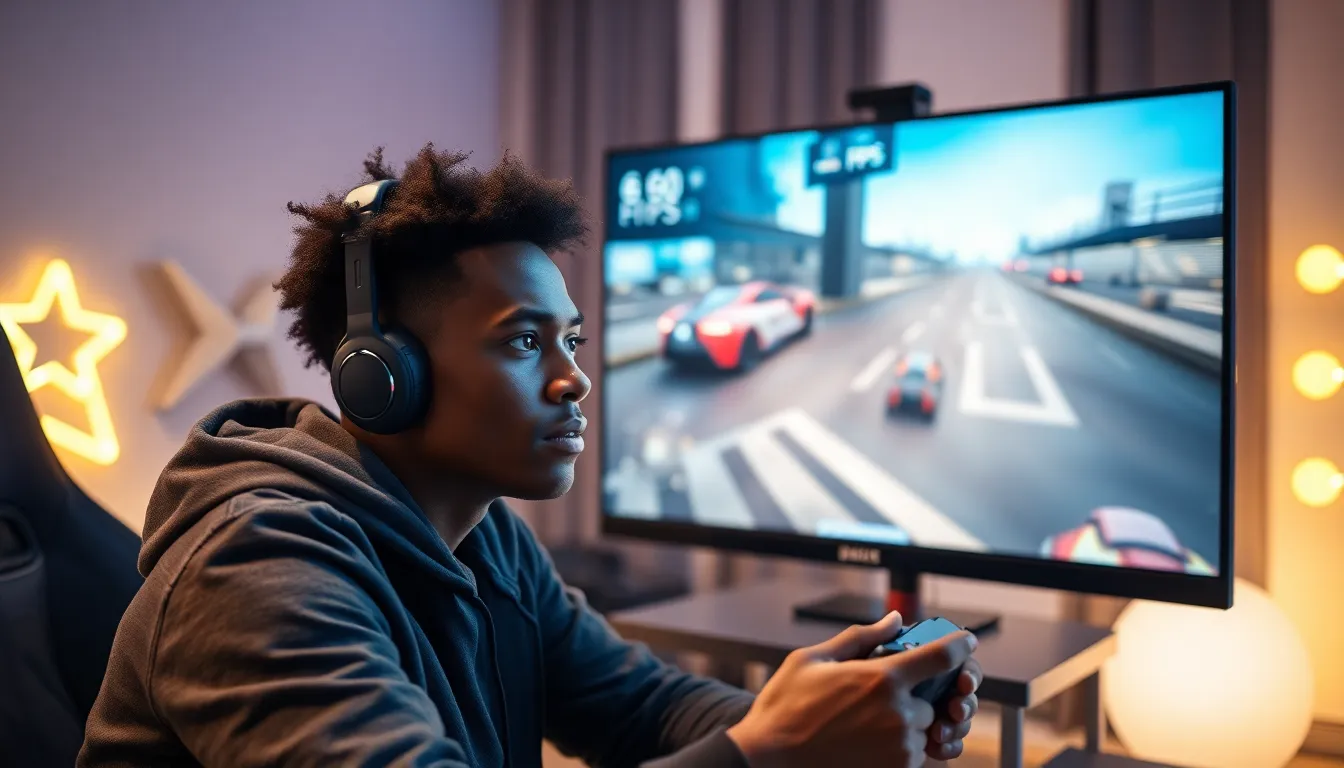gamer in a modern setup with a screen showing 60 FPS.