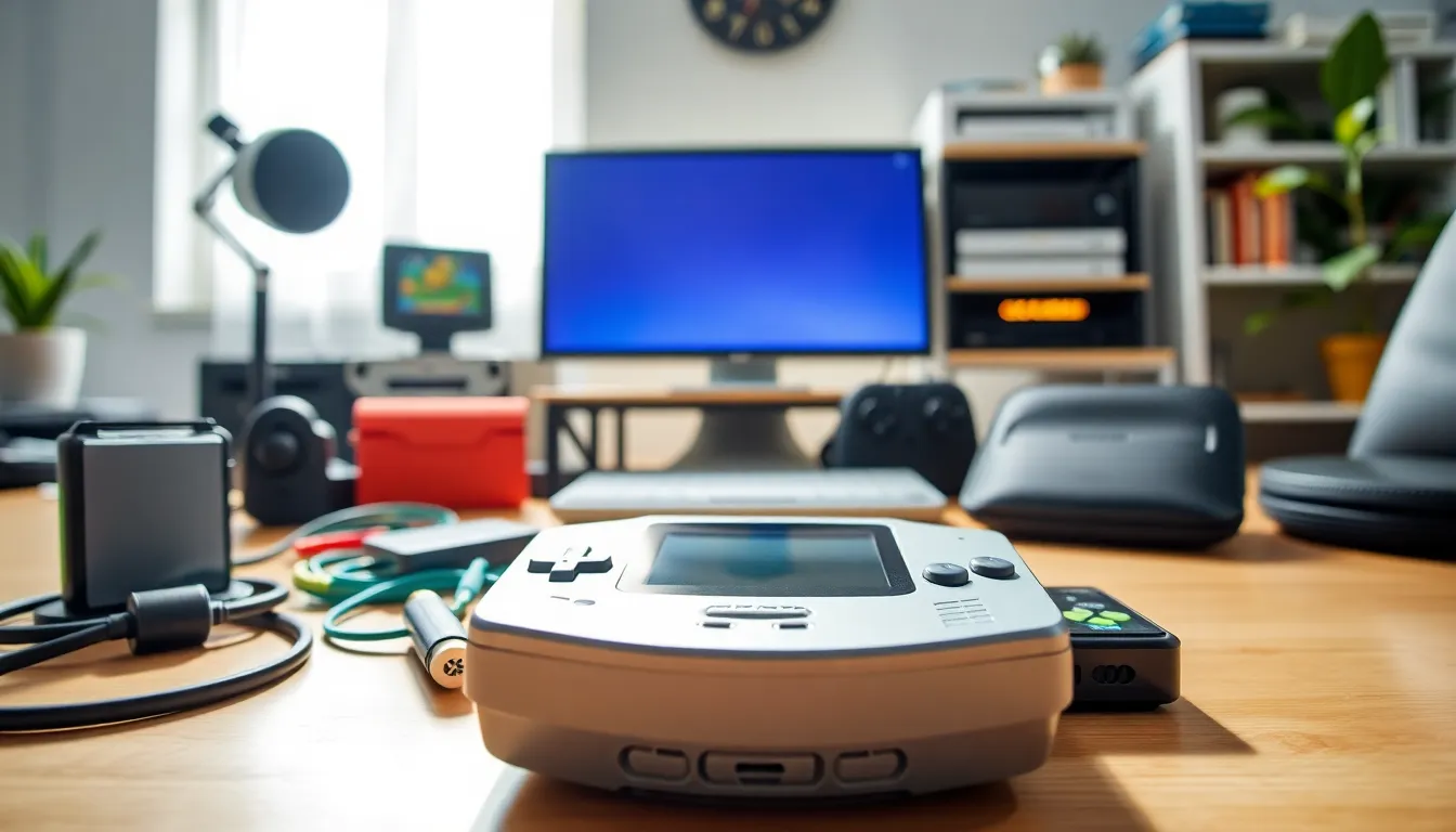 Game Boy Advance accessories displayed on a modern gaming setup.