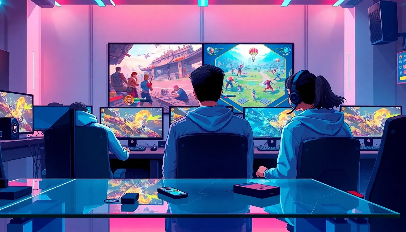 esports gamers contrasting MOBA and battle royale gameplay in a modern setup.