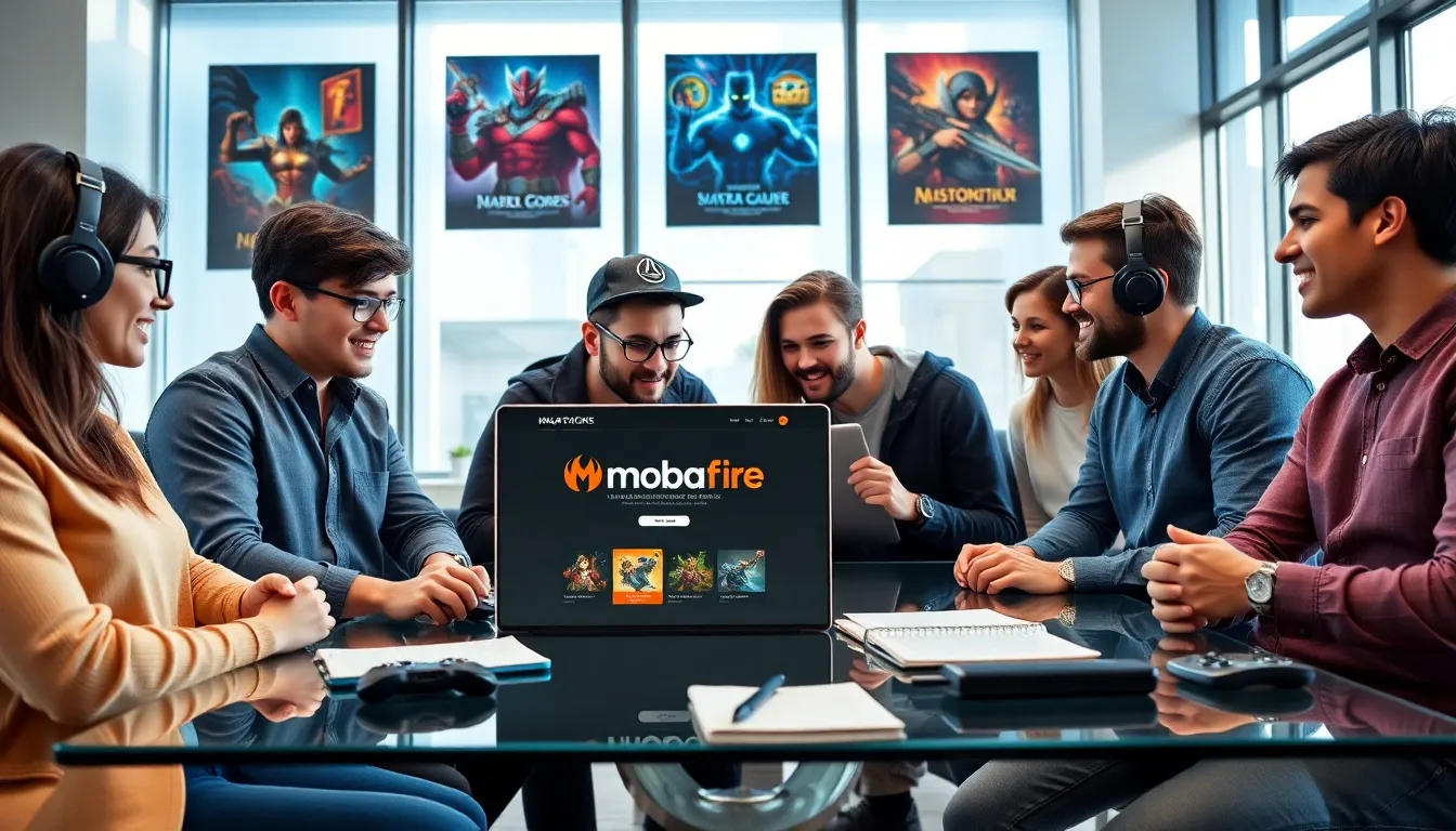 diverse team discussing gaming strategies around a laptop.