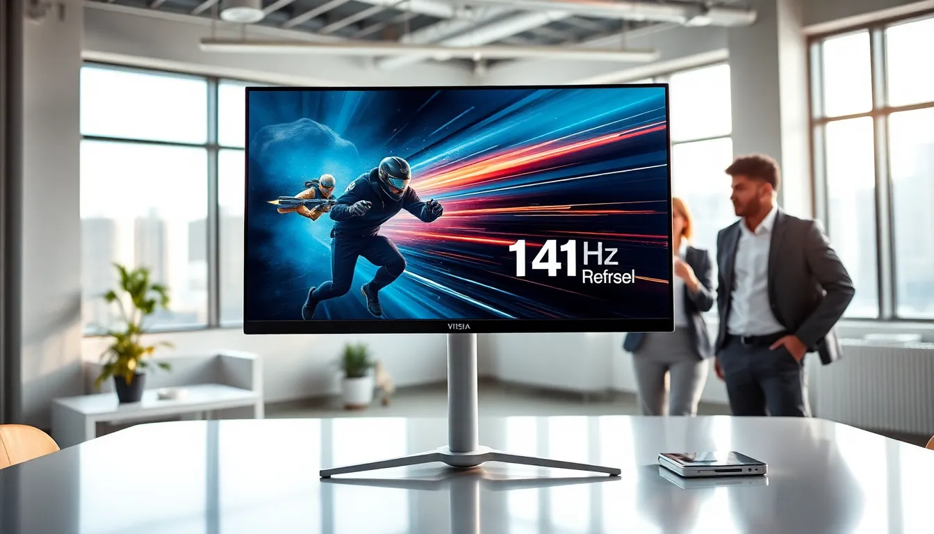 monitor showing a video game scene in a modern office setting.