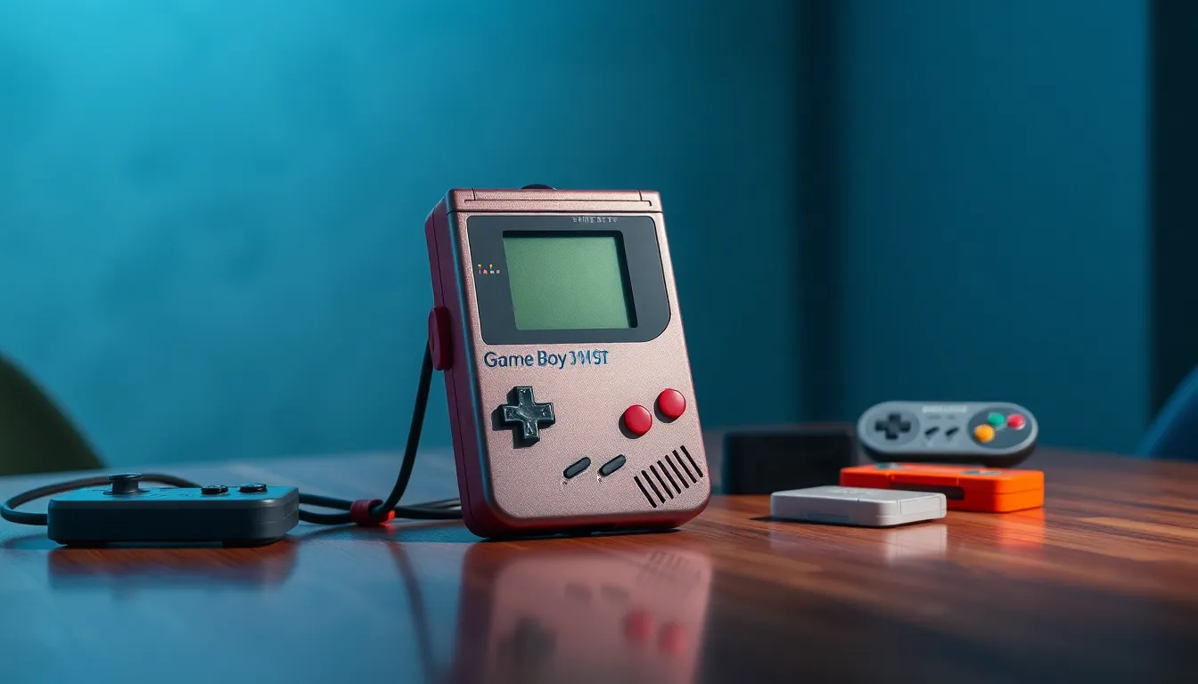 A colorful Game Boy case on a polished table with gaming accessories.