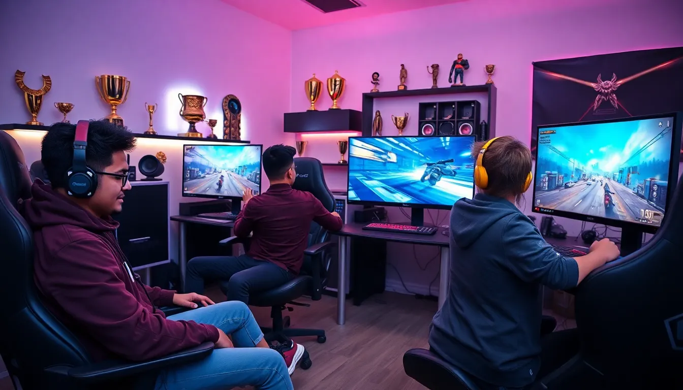diverse gamers engaged in a high-FPS gaming session.