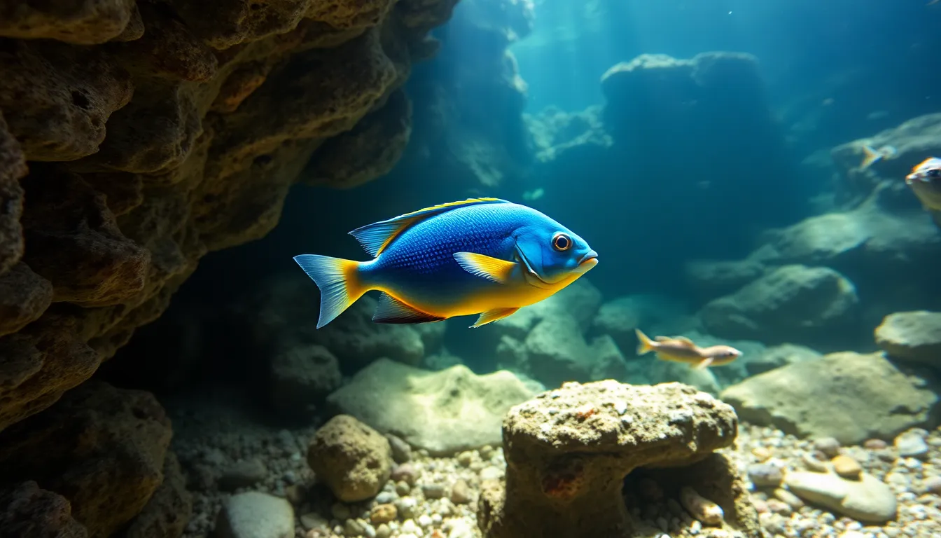 Frontosa Blue Zaire Moba swimming among rocky underwater formations.