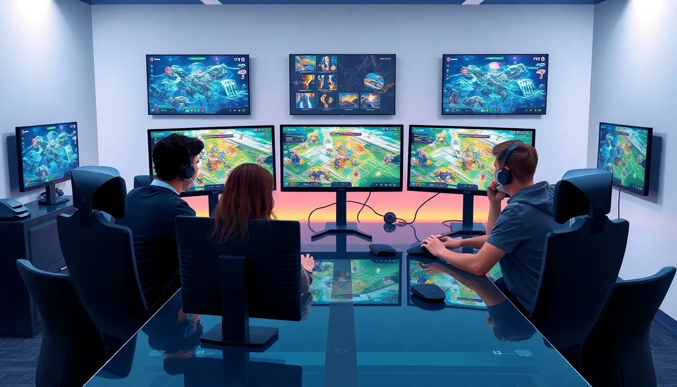 diverse gamers collaborating around screens in a modern gaming setup.