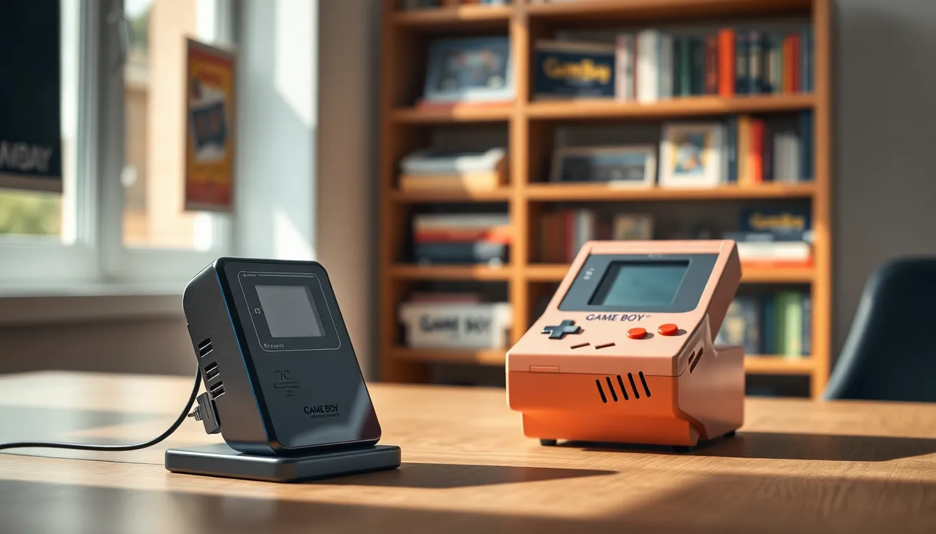 A Game Boy charger next to a vintage Game Boy console.